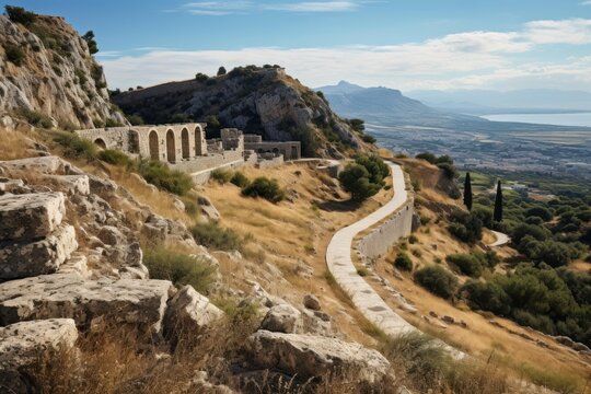 Acrocorinth citadel ruins and a historic road winding up the dry, rocky mountainside overlooking the landscape