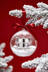 Luxury Skincare Jar Inside Transparent Christmas Ornament on Red Background