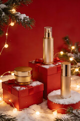 Luxury Golden Skincare Products on Festive Red Gift Boxes with Christmas Lights