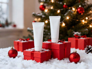 Christmas Skincare Mockup with White Cosmetic Tubes on Red Gift Boxes