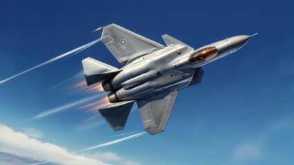 Sleek, modern aircraft soaring in a vibrant blue sky, trails behind, dynamic and powerful