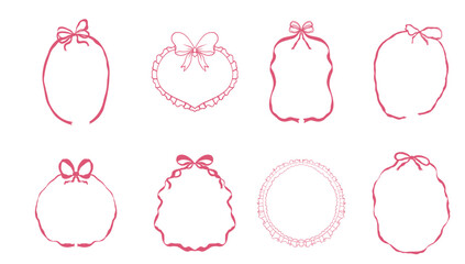 Pink Ribbon bow frame set border and element collection. Coquette vintage sketch line hand drawn. Design element for greeting cards, wedding and birthday party, picnic invitations © Alyona