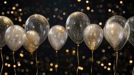 Anniversary celebration scene featuring transparent balloons filled with elegant white gold glitter, string of helium balloons with varying opacity and reflection, 3D vector rendering with perfect