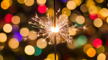 Atmospheric New Year celebration image featuring brilliant white sparkler emitting streams of cascading light particles against background of defocused holiday lights creating colorful bokeh circles,