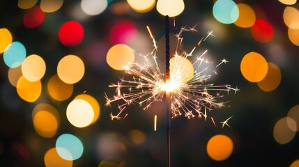Atmospheric New Year celebration image featuring brilliant white sparkler emitting streams of cascading light particles against background of defocused holiday lights creating colorful bokeh circles,