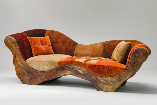 Modern patchwork sofa with orange and brown tones is standing in an empty white room