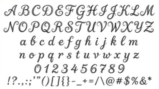 font alphabet in smoky wave ancient script display style from a to z numbers punctuation isolated on white background