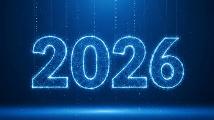 Glowing blue 2026 numbers, formed by digital particles, symbolizing futuristic technology, data, and innovation.