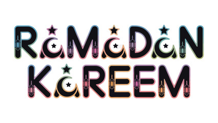 Ramadan Kareem: Festive calligraphy celebrates the holy month with a vibrant display of crescent moons and stars. 