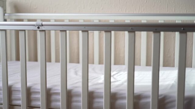 White crib with white sheets in nursery, baby furniture and childhood concept.