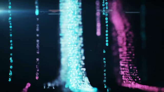 Abstract binary code stream in blue and pink with data flow animation. Digital concept of technology, coding, data and cybersecurity.