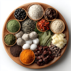 Colorful spice and grain assortment in bowls representing global cuisine