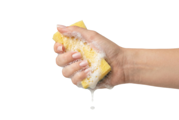 Dishwashing sponge with soap foam held in hand