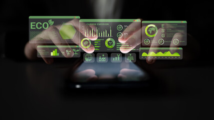 ESG and environmental data dashboard with charts, graphs, and sustainability statistics for eco-friendly strategy Parse