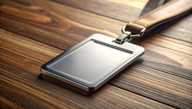 ID card on wooden desk: A close-up shot of a sleek ID card, resting on a rustic wooden desk. The card's smooth surface reflects the warm light, creating a sense of professionalism and style.
