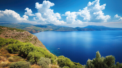  Rugged coastline overlooks calm azure bay beneath towering cloud formations.