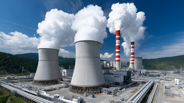 Modernes Kernkraftwerk mit K&uuml;hlt&uuml;rmen und blauem Himmel