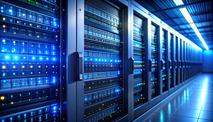 Digital Fortress: Immerse yourself in the world of high-tech data storage, where rows of powerful servers hum with activity in a modern data center.