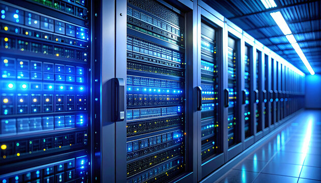 Digital Fortress: Immerse yourself in the world of high-tech data storage, where rows of powerful servers hum with activity in a modern data center. - Powered by Adobe