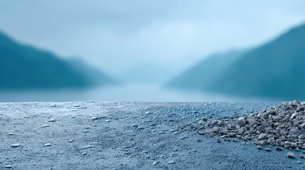An abstract product display stage featuring a textured, wet blue surface with condensation and a small pile of natural grey stones, set against a heavily blurred, misty mountain an
