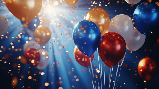 Premium celebratory frame featuring professionally arranged tricolor balloon clusters, warm-white LED garland weaving between balloons, and reflective confetti elements, against dynamic blue radial