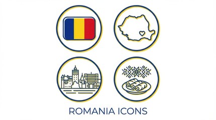 rounded romania icon set including national flag simplified map shape skyline landmarks and cultural symbols consistent line style