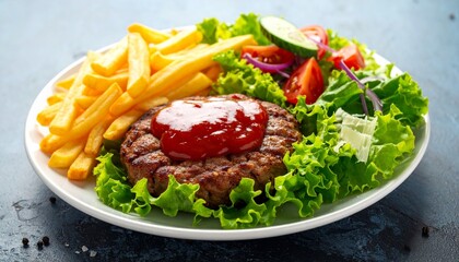 "Grilled hamburger patty with herbs, golden fries, and fresh salad of greens and tomatoes."