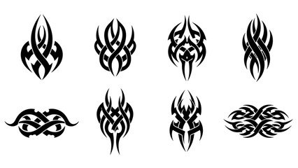 Naklejka premium A compelling collection of intricate and powerful tribal tattoo designs, featuring unique black art patterns suitable for various decorative and illustrative projects