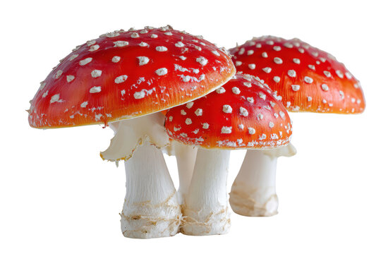 Three red and white spotted Amanita muscaria mushrooms on black background agaric