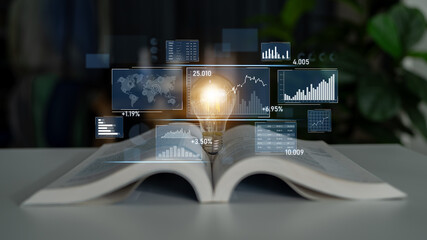 An open book displays a glowing light bulb, surrounded by interactive digital charts, illustrating the fusion of knowledge and technology in modern education. Scalp