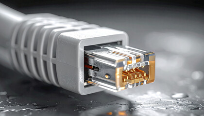 Connectivity Nexus: A close-up view of a network cable, symbolizing the essential link for global communication, highlighting technology and information transfer.