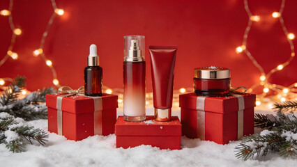 Luxury Skincare Products Displayed on Red Gift Boxes with Snow and Lights