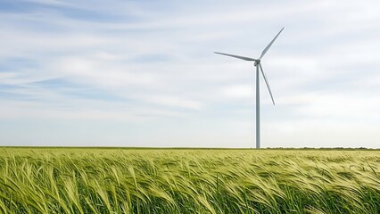 Wind turbine standing tall in a lush green wheat field under blue sky