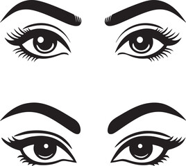 Stylized black and white female eyes with thick eyebrows and long lashes illustration