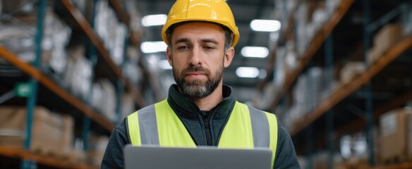 worker anxiously monitors stock levels on laptop in bustling distribution warehouse