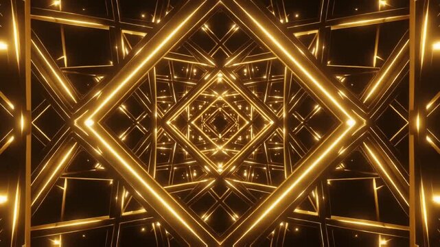 Seamless 4K infinite loop of glowing golden neon squares symmetrically moving through a dark abstract futuristic tunnel background.