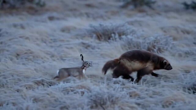 Hare running from Wolverine in a field, animal wildlife hunt, predator chase.