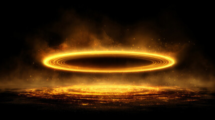 Glowing circular light ring with white and golden hues, luminous fire trail, and radiant line effects on a transparent background, perfect for dynamic design and visual highlights.
