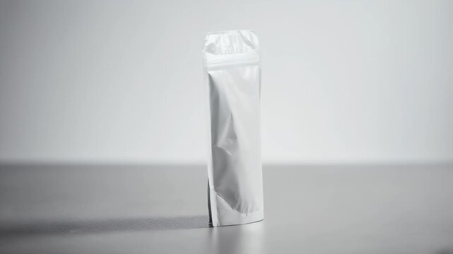 A standing, silver foil pouch, likely for packaging, is centered against a soft gradient backdrop, with light reflections. The surface it rests on appears textured