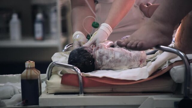 Midwife suctioning newborn baby with vernix caseosa, medical procedure