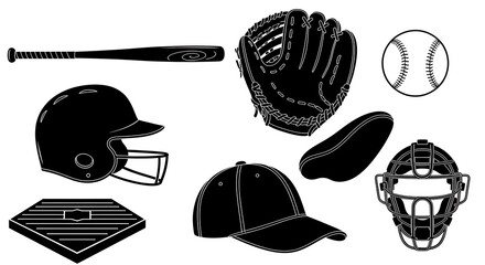 Collection of Baseball Equipment Silhouettes on White Background.