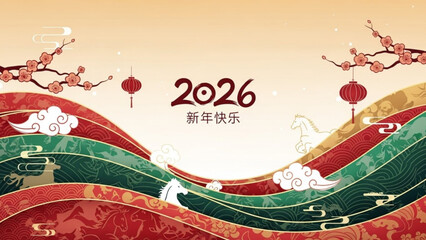 Vibrant 2026 chinese new year celebration background with red green waves cherry blossoms