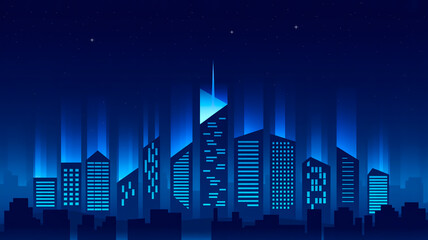 A digital illustration of a modern city skyline at night, rendered in a minimalist style with a deep blue color palette.