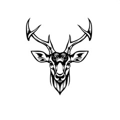 Graphic logo design of a stylized deer head with intricate details, centered composition, bold black ink illustration on a pristine white background, accentuated by sharp bold outlines, conveying an a