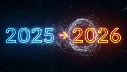 Futuristic New Year 2026 Transition Banner with Glowing Digital Numbers and Abstract Motion Background