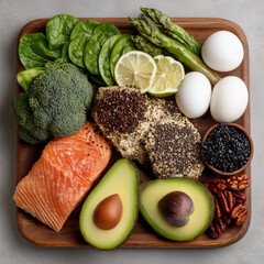 Healthy food ingredients assortment with vegetables eggs fish and seeds