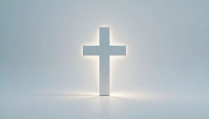 Obraz premium White Cross with Glowing Edges, Minimalist Light Blue Scene Symbolizing Faith and Spiritual Hope