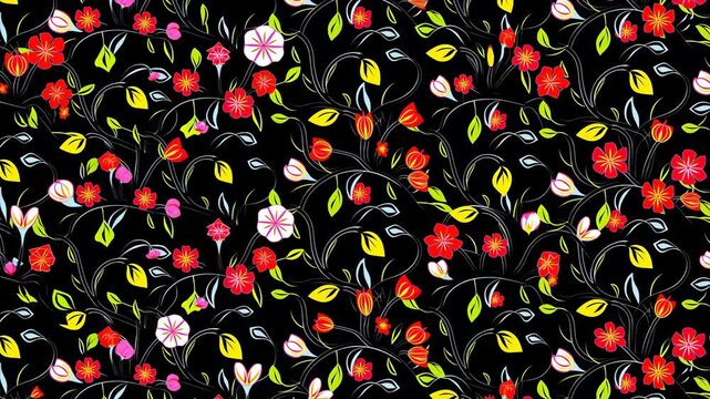 Vivid Botanical Pattern Creation, Colorful Floral Illustration With Vibrant Leaves On Dark Canvas