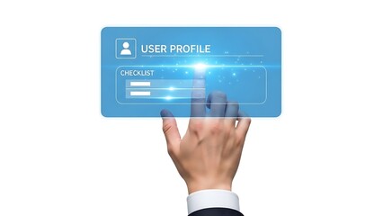 Hand interacting with digital user profile interface on screen