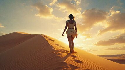 Woman in desert walking up sand dune at sunset with dramatic sky and golden light
